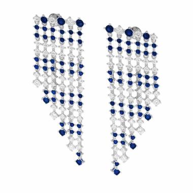 Orecchini Chandelier sei fili degrade Tennis con Cubic Zirconia Blu Zaffiro e Bianchi alternati in ARGENTO 925 Galvanica Rodio