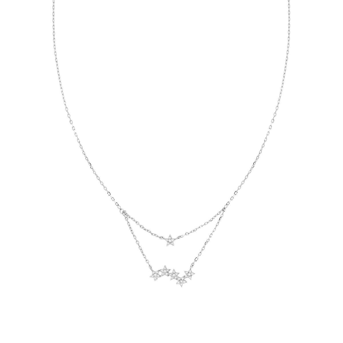 Collana Catena Forzatina Diamantata Sdoppiata con Stelle e Cubic Zirconia Bianchi in ARGENTO 925 Galvanica Rodio