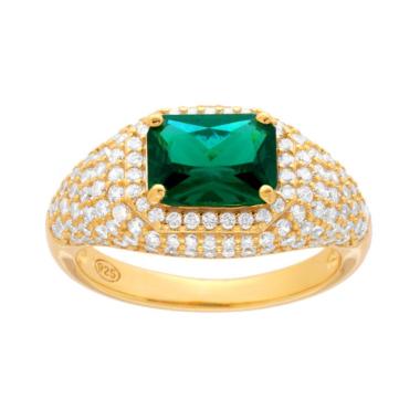 Anello Chevalier Sigillo Rettangolo Verde Smeralkdo con Cubic Zirconia Bianchi in ARGENTO 925 Galvanica Oro