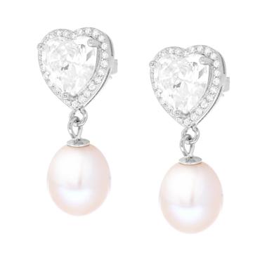 Orecchini Cuore Bianco contornato da Cubic Zirconia Bianchi e Perla di Fiume pendente in ARGENTO 925 Galvanica Rodio