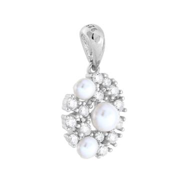 Ciondolo Ovale con Perle di Fiume e Cubic Zirconia Bianchi in ARGENTO 925 Galvanica Rodio