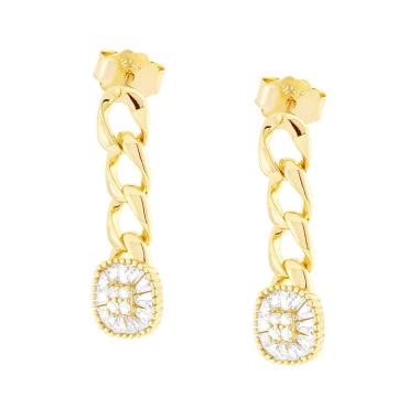 Orecchini pendenti con Catena Grumetta e Cubic Zirconia Bianchi in ARGENTO 925 Galvanica Oro