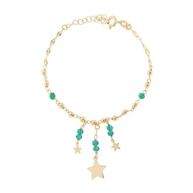 Bracciale Catena Forzatina Diamantata con Crystal Verde e Stelle plain pendenti in ARGENTO 925 Galvanica Oro