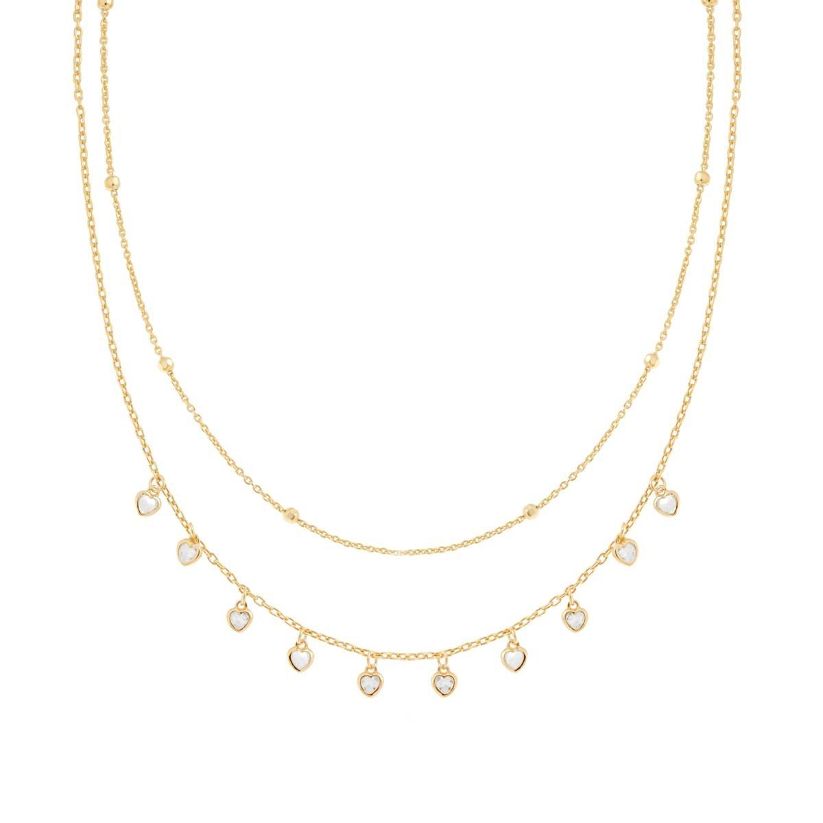 Collana due fili Catena Forzatina Diamantata con Cuori Cubic Zirconia Bianchi pendenti in ARGENTO 925 Galvanica Oro