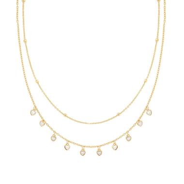 Collana due fili Catena Forzatina Diamantata con Cuori Cubic Zirconia Bianchi pendenti in ARGENTO 925 Galvanica Oro