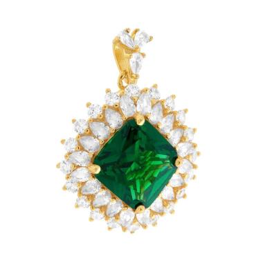 Ciondolo Quadrato Verde Smeraldo contornato da Cubic Zirconia Bianchi in ARGENTO 925 Galvanica Oro
