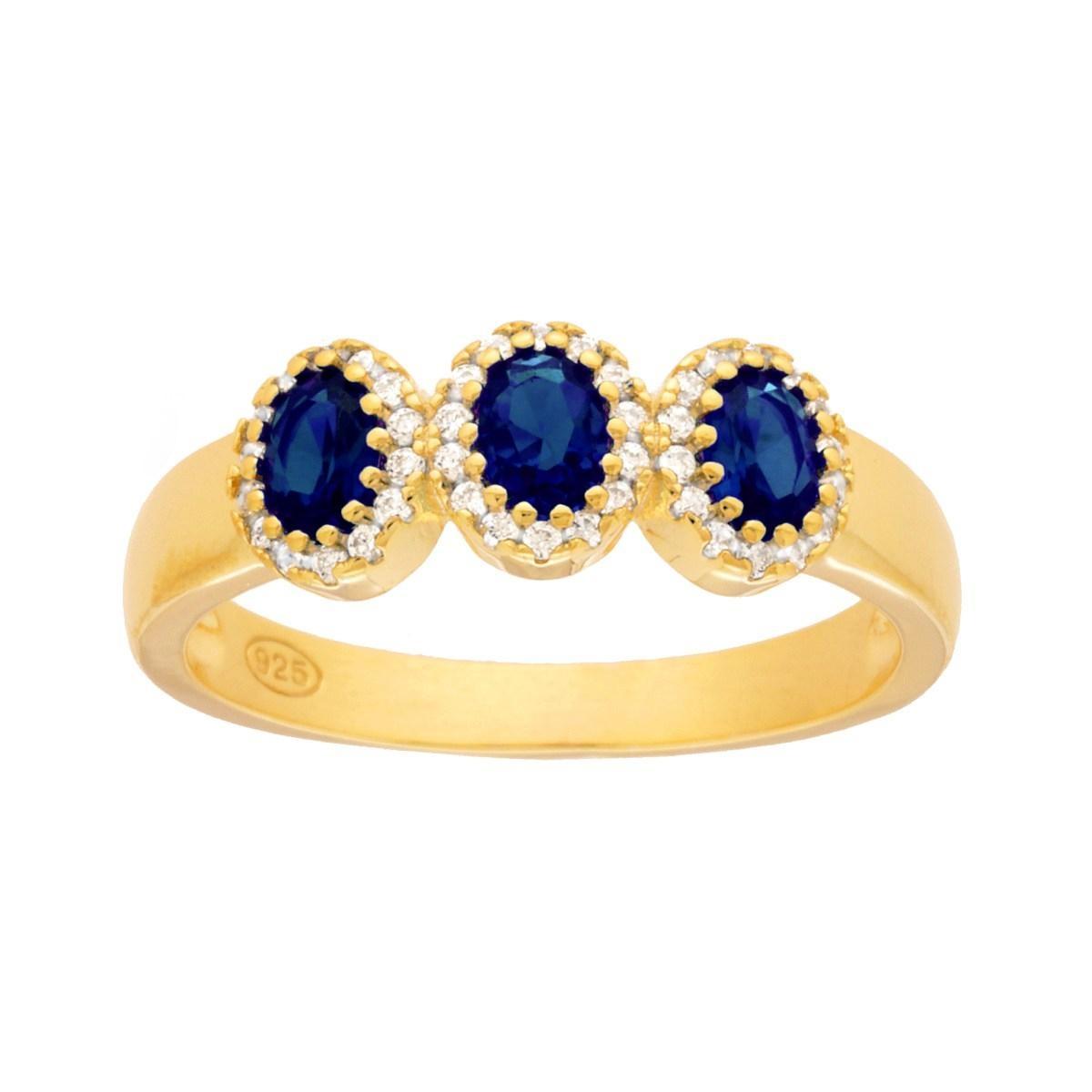 Anello Trilogy Blu Zaffiro contornati con Cubic Zirconia Bianchi in ARGENTO 925 Galvanica Oro