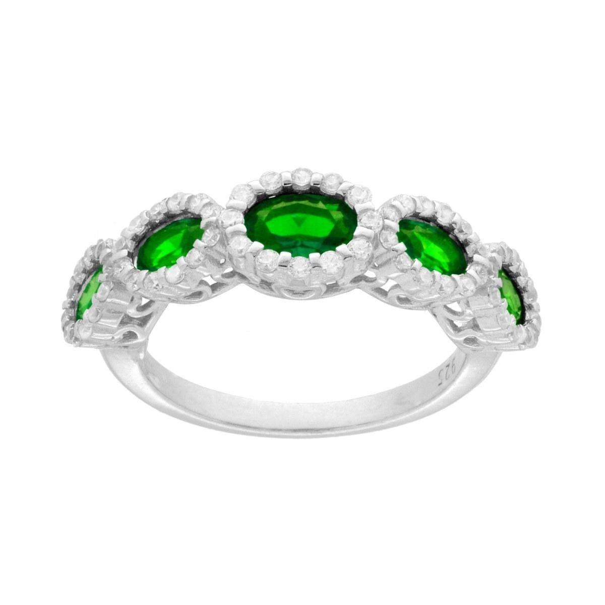 Anello Veretta con Ovali degrade Verde Smeraldo contornati con Cubic Zirconia Bianchi in ARGENTO 925 Galvanica Rodio
