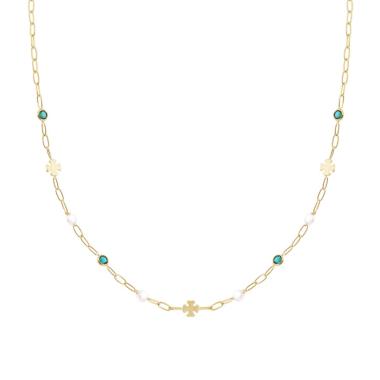 Collana Catena Forzatina Diamantata con Tondi Verde Smeraldo Cubic Zirconia Quadrifogli plain e Perle in ARGENTO 925 Galvanica Oro