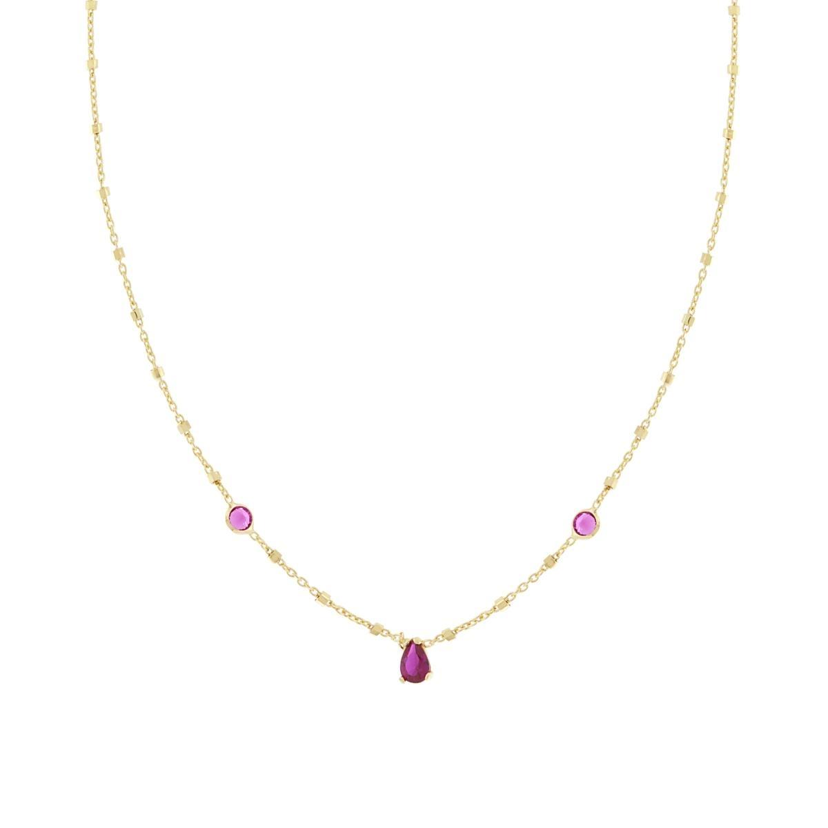 Collana Catena Forzatina e Cubetti Diamantati con Cubic Zirconia Tondi e Goccia Rosso Rubino in ARGENTO 925 Galvanica Oro