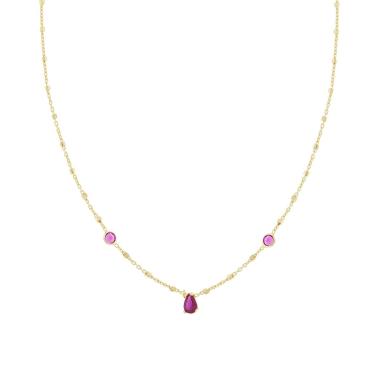 Collana Catena Forzatina e Cubetti Diamantati con Cubic Zirconia Tondi e Goccia Rosso Rubino in ARGENTO 925 Galvanica Oro