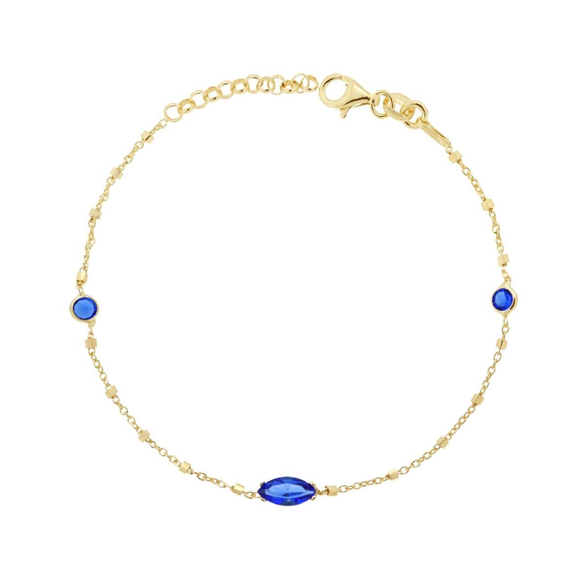 Bracciale Catena Forzatina e Cubetti Diamantati con Cubic Zirconia Tondi e Ovale Blu Zaffiro in ARGENTO 925 Galvanica Oro