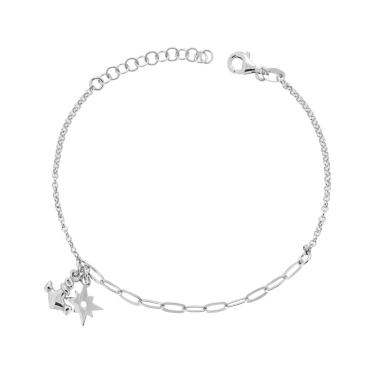 Bracciale Catena Rolo Diamantata e Forzatina allungata con Ancora e Rosa dei Venti pendenti in ARGENTO 925 Galvanica Rodio
