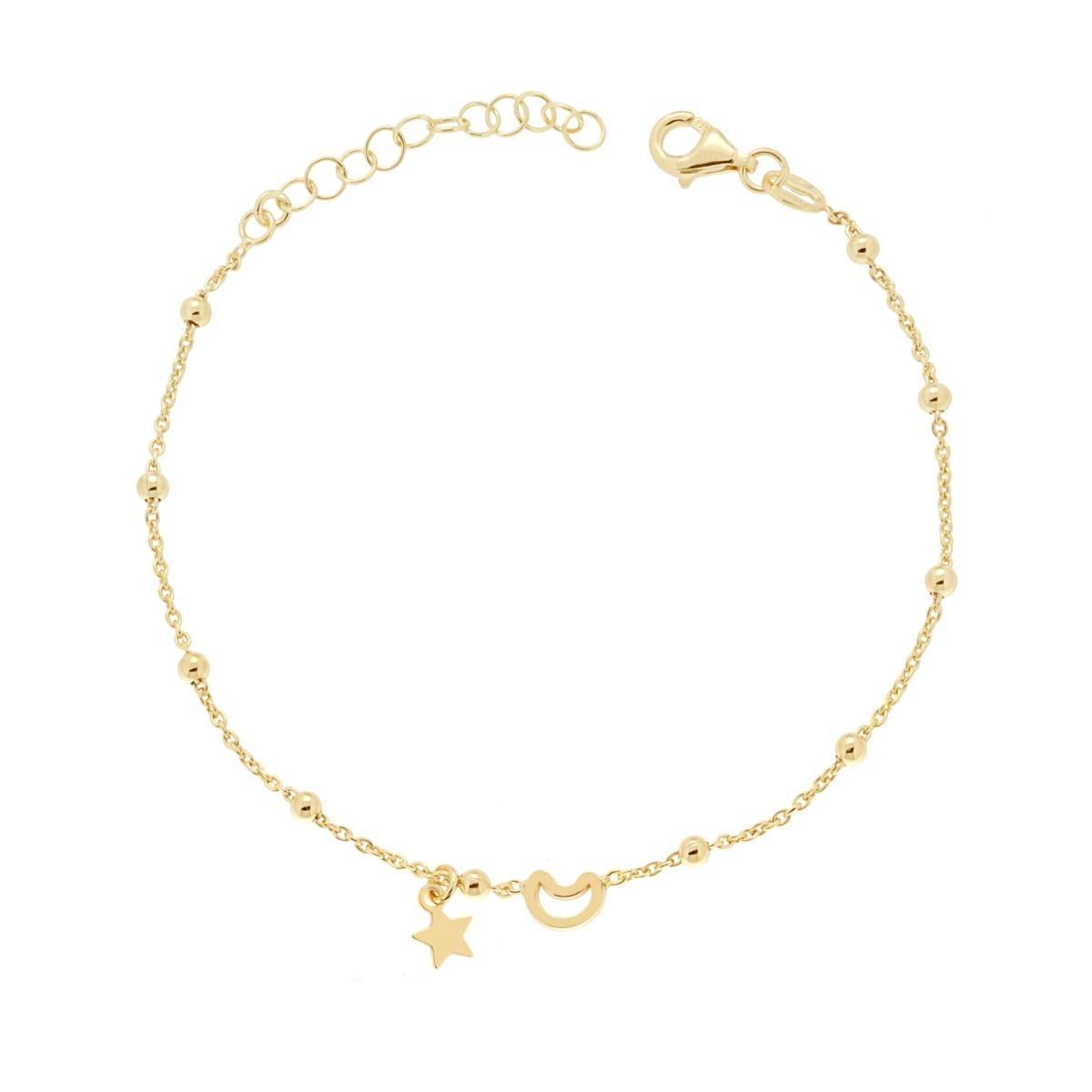 Bracciale Catena Forzatina con Palline lisce con Luna traforata e Stella plain pendente in ARGENTO 925 Galvanica Oro