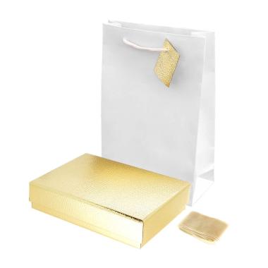 Astuccio per Collana cm 13,4 x 18,9 h3,9 colore Oro Glitter con nastro e fiocco Oro con Shopper inclusa<BR>