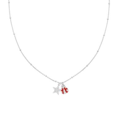 Collana Catena Forzatina Diamantata con Coccinella smalto Rosso e Stella con Cubic Zirconia Bianchi in ARGENTO 925 Galvanica Rodio