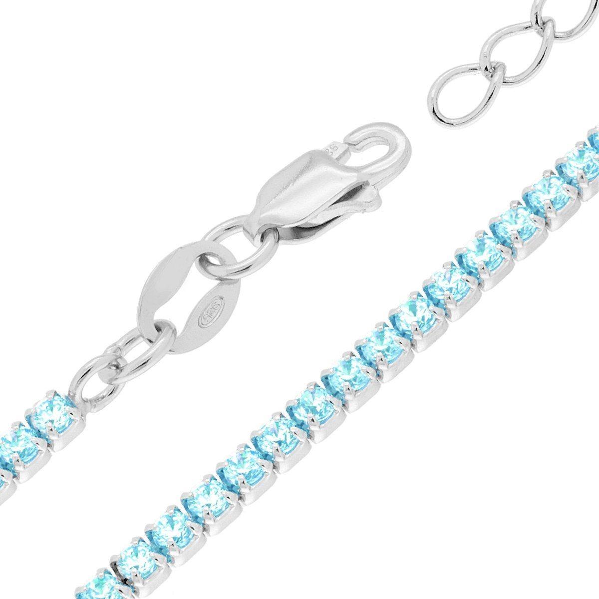 Collana Tennis Griffe cm 34+8 con Zirconi mm 2.5 Acquamarina in ARGENTO 925 Galvanica Rodio