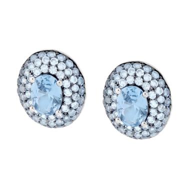 Orecchini Bottone Ovale con Cubic Zirconia Acquamarina in ARGENTO 925 Galvanica Rodio