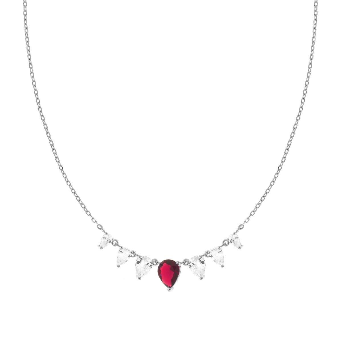 Collana Catena Forzatina Diamantata con Gocce Cubic Zirconia Rosso Rubino e Bianchi in ARGENTO 925 Galvanica Rodio