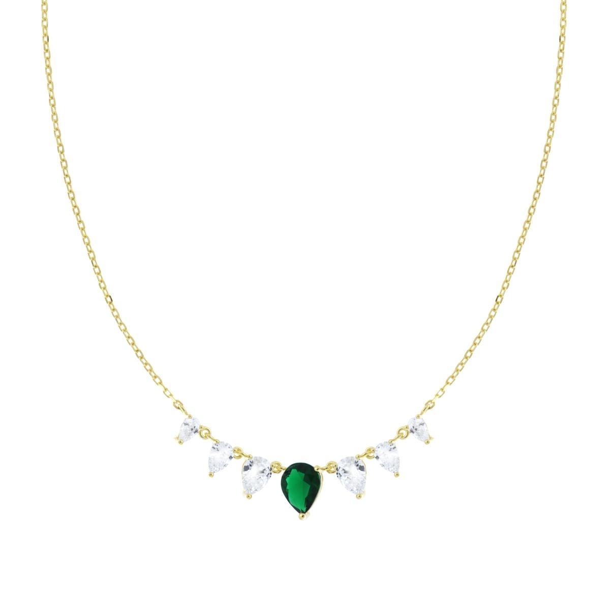 Collana Catena Forzatina Diamantata con Gocce Cubic Zirconia Verde Smeraldo e Bianchi in ARGENTO 925 Galvanica Oro