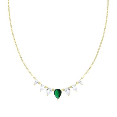 Collana Catena Forzatina Diamantata con Gocce Cubic Zirconia Verde Smeraldo e Bianchi in ARGENTO 925 Galvanica Oro