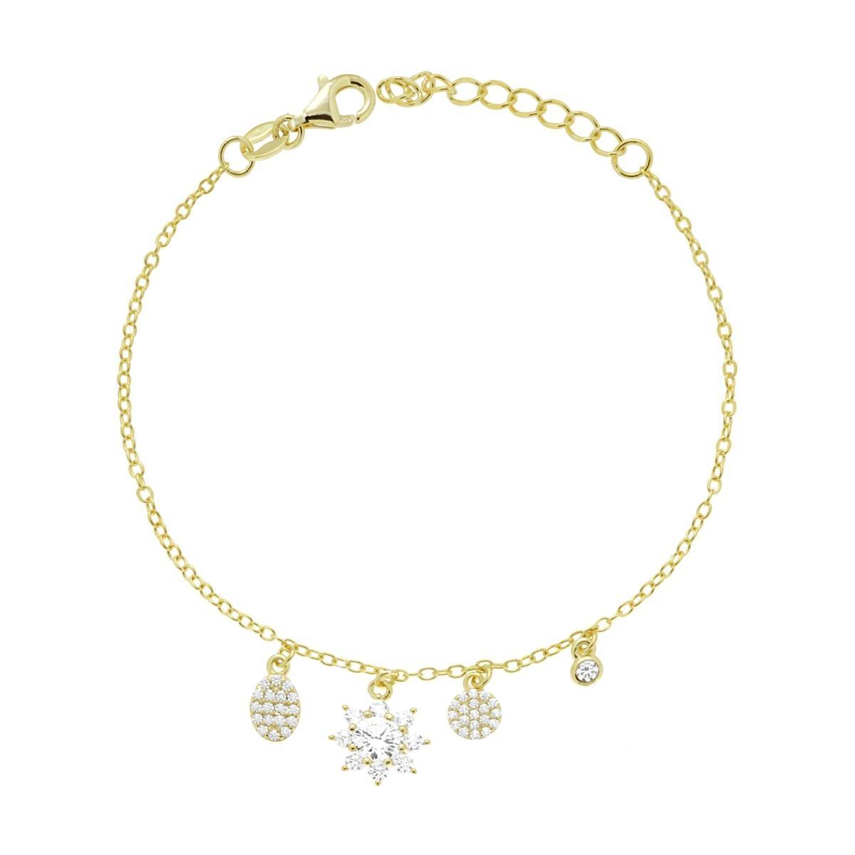Bracciale Catena Forzatina Diamantata con Fiore e Forme Geometriche pendenti con Cubic Zirconia Bianchi in ARGENTO 925 Galvanica Oro