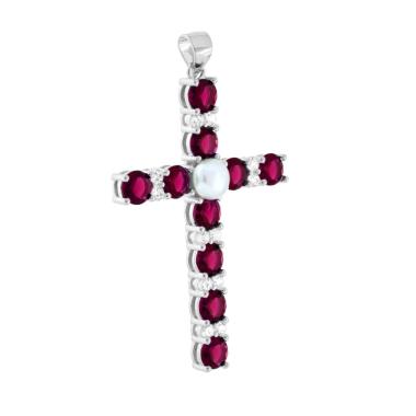 Ciondolo Croce con Cubic Zirconia Rosso Rubino Bianchi e Perla in ARGENTO 925 Galvanica Rodio