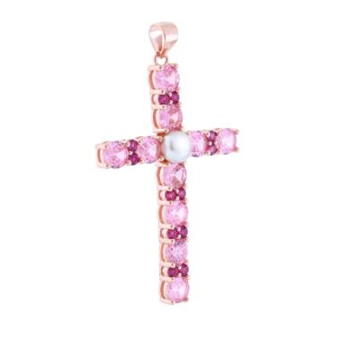Ciondolo Croce con Cubic Zirconia Rosa Rosso Rubino e Bianchi e Perla in ARGENTO 925 Galvanica Rosa