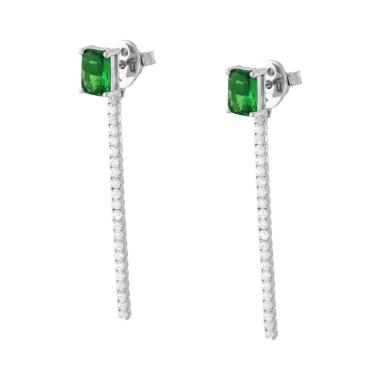 Orecchini Punto Luce Baguette Verde Smeraldo e Tennis pendente con Cubic Zirconia Bianchi in ARGENTO 925 Galvanica Rodio