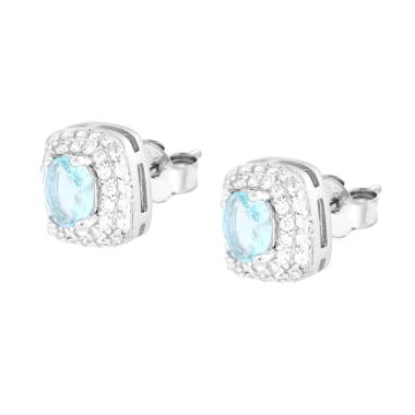 Orecchini Rettangolari Cubic Zirconia Ovale Acquamarina contornato da Cubic Zirconia Bianchi in ARGENTO 925 Galvanica Rodio