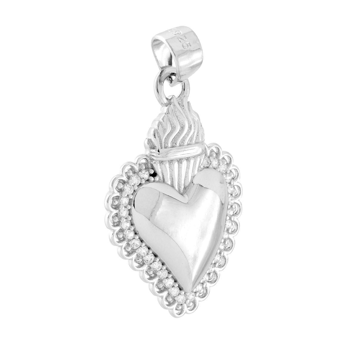 Ciondolo Cuore Votivo mm 22 con Cubic Zirconia Bianchi in ARGENTO 925 Galvanica Rodio