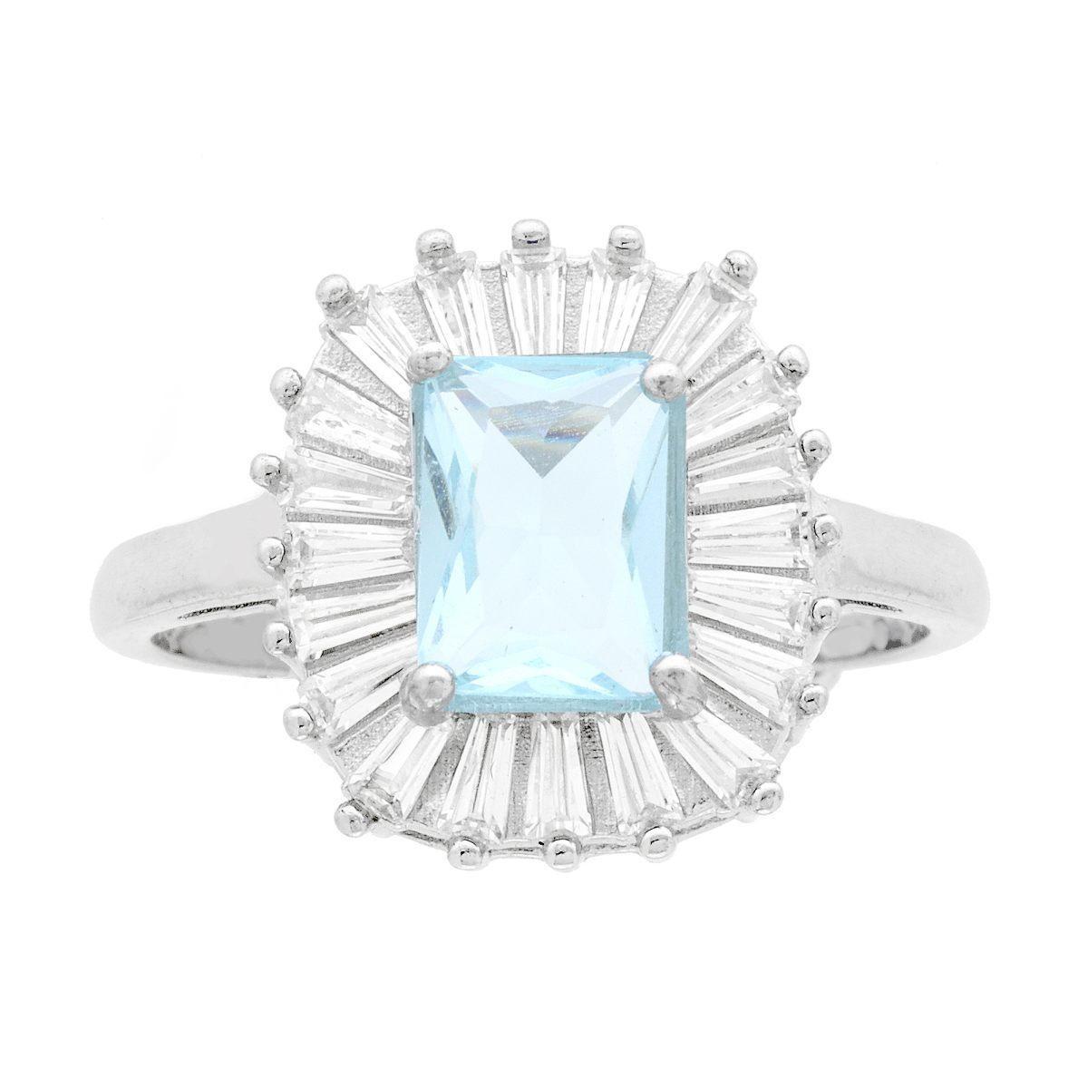 Anello Solitario Rettangolare Cubic Zirconia Acquamarina contornato da Cubic Zirconia Trapezio Bianchi in ARGENTO 925 Galvanica Rodio