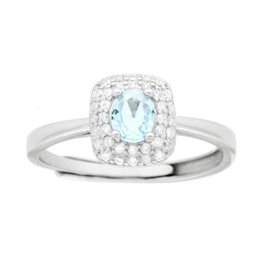 Anello Solitario Rettangolare Cubic Zirconia Ovale Acquamarina contornato da Cubic Zirconia Bianchi in ARGENTO 925 Galvanica Rodio
