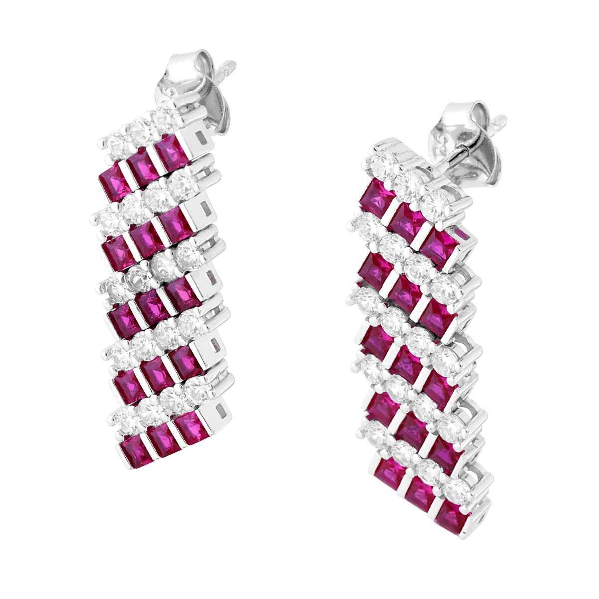 Orecchini Tennis Multiplo con Cubic Zirconia Rosso Rubino e Bianchi in ARGENTO 925 Galvanica Rodio