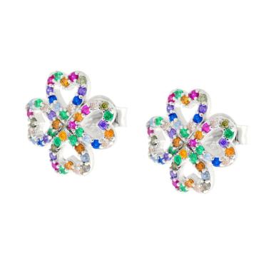 Orecchini Quadrifoglio Cuori con Cubic Zirconia Multicolor in ARGENTO 925 Galvanica Rodio