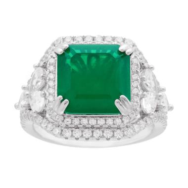Anello Solitario Quadrato Verde Smeraldo contornato da Cubic Zirconia Bianchi in ARGENTO 925 Galvanica Rodio