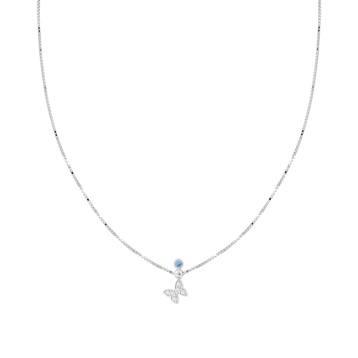Collana Catena Veneziana Diamantata con Farfalla Cubic Zirconia Bianchi e Punto Luce Acquamarina in ARGENTO 925 Galvanica Rodio