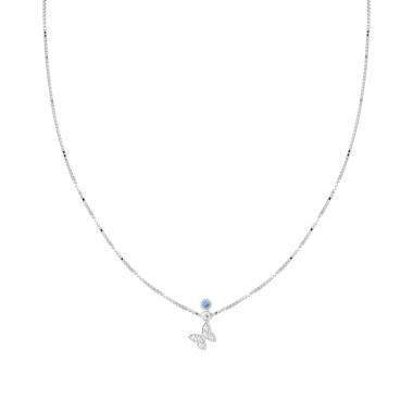 Collana Catena Veneziana Diamantata con Farfalla Cubic Zirconia Bianchi e Punto Luce Acquamarina in ARGENTO 925 Galvanica Rodio
