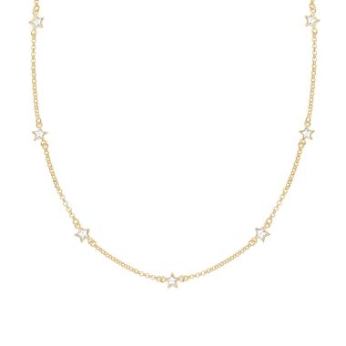 Collana Catena Rolo Diamantata con Stelle Cubic Zirconia Bianchi in ARGENTO 925 Galvanica Oro