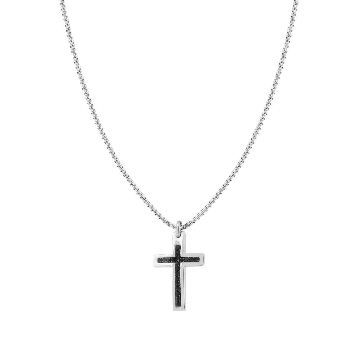 Collana Catena Veneziana Tonda con Croce e Crystal Neri in ACCIAIO