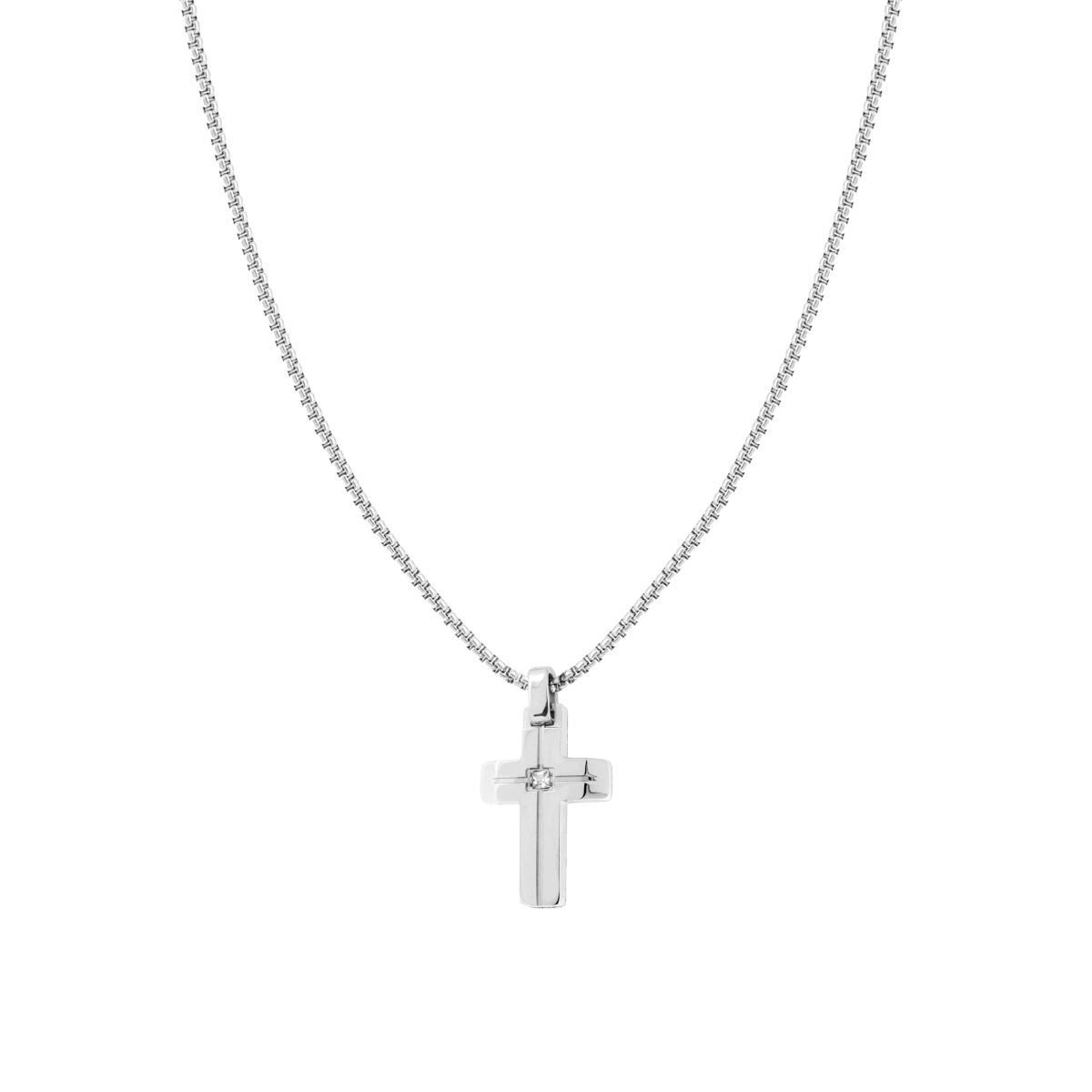 Collana Catena Veneziana Tonda con Croce e Crystal Bianco in ACCIAIO