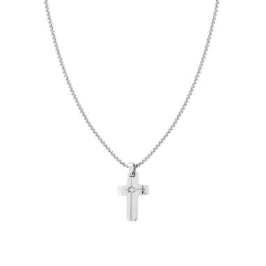 Collana Catena Veneziana Tonda con Croce e Crystal Bianco in ACCIAIO
