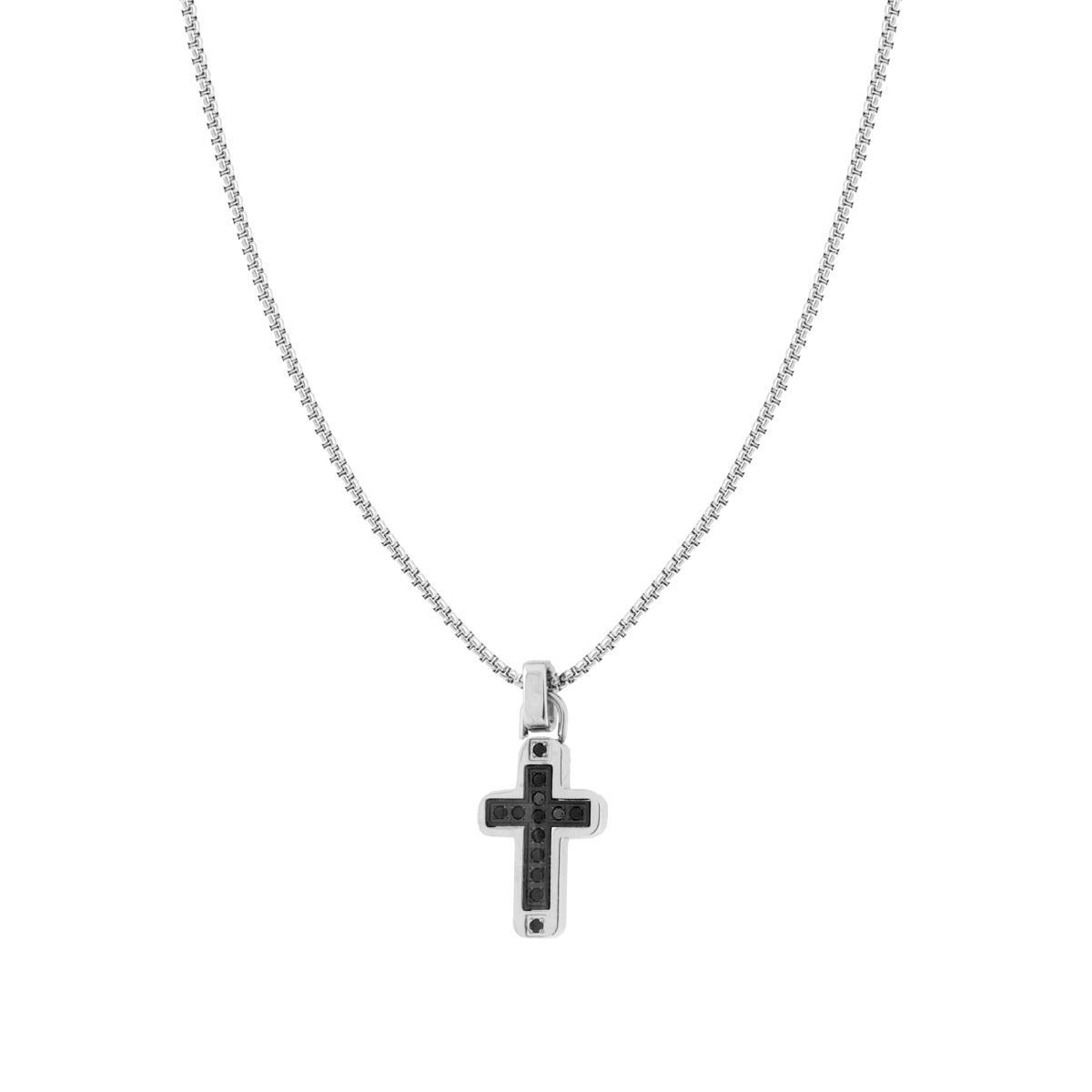 Collana Catena Veneziana Tonda con Croce e Crystal Neri in ACCIAIO