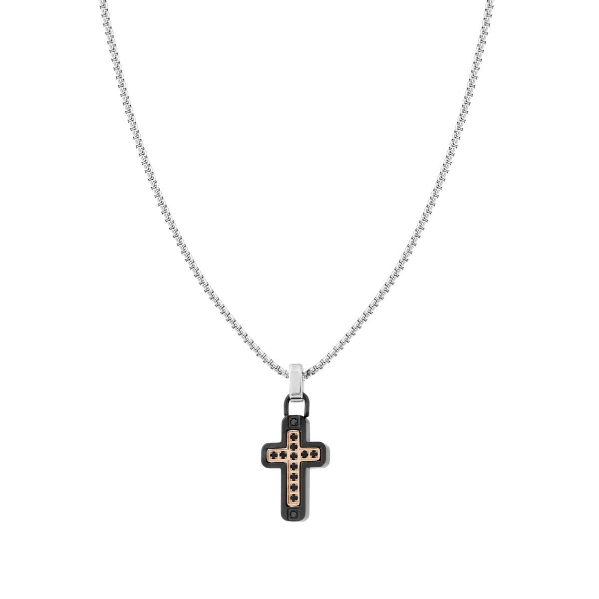 Collana Catena Veneziana Tonda con Croce Nero Rosa e Crystal Nero in ACCIAIO