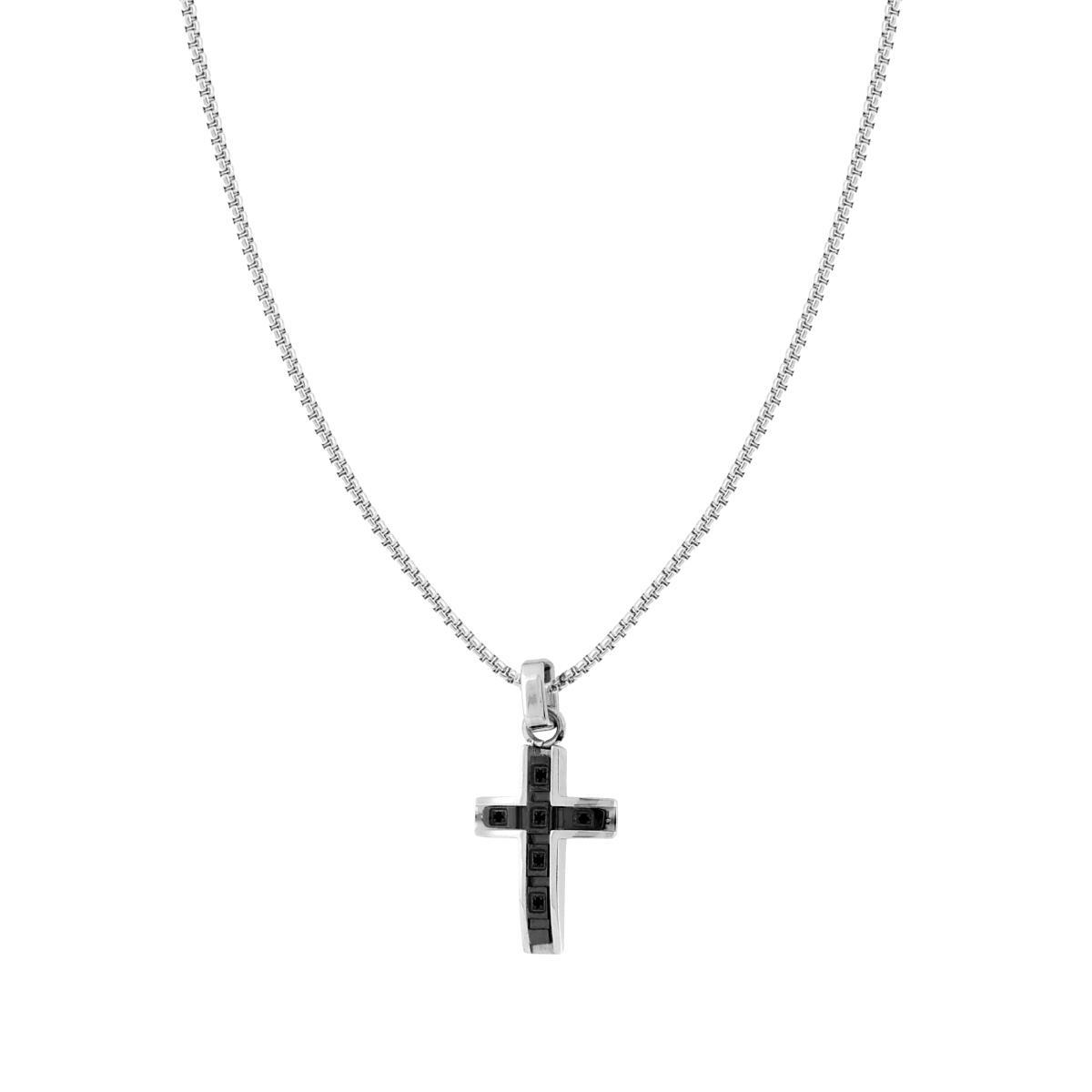 Collana Catena Veneziana Tonda con Croce e Crystal Neri in ACCIAIO