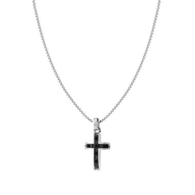 Collana Catena Veneziana Tonda con Croce e Crystal Neri in ACCIAIO