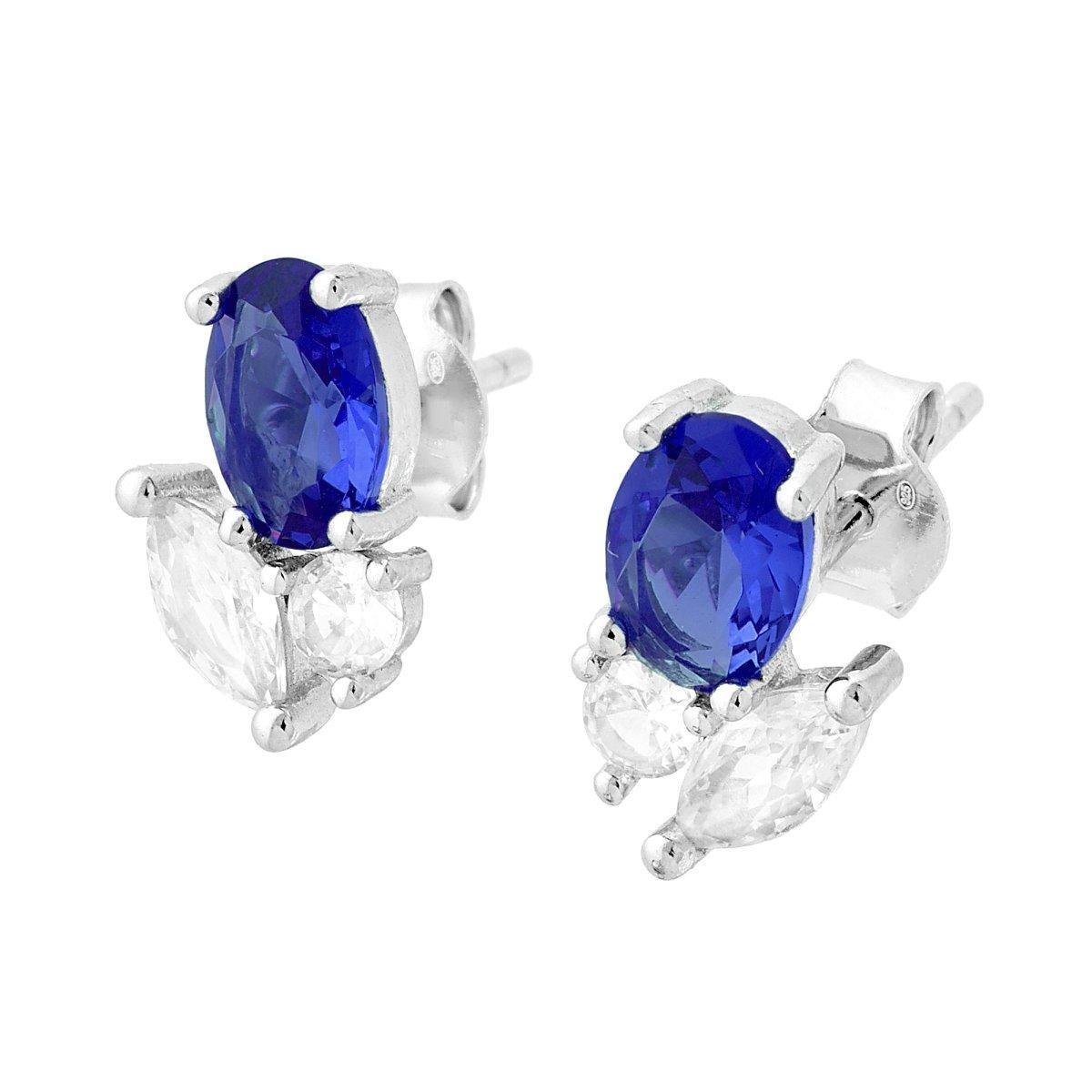 Orecchini con Cubic Zirconia Multitaglio Blu Zaffiro e Bianchi in ARGENTO 925 Galvanica Rodio