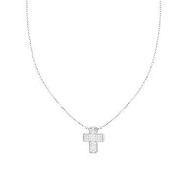 Collana Catena Forzatina Diamantata con Croce e Crystal Bianco in ACCIAIO e OTTONE