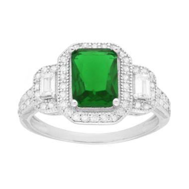 Anello Rettangolo Verde Smeraldo contornato da Cubic Zirconia Bianchi Baguette in ARGENTO 925 Galvanica Rodio