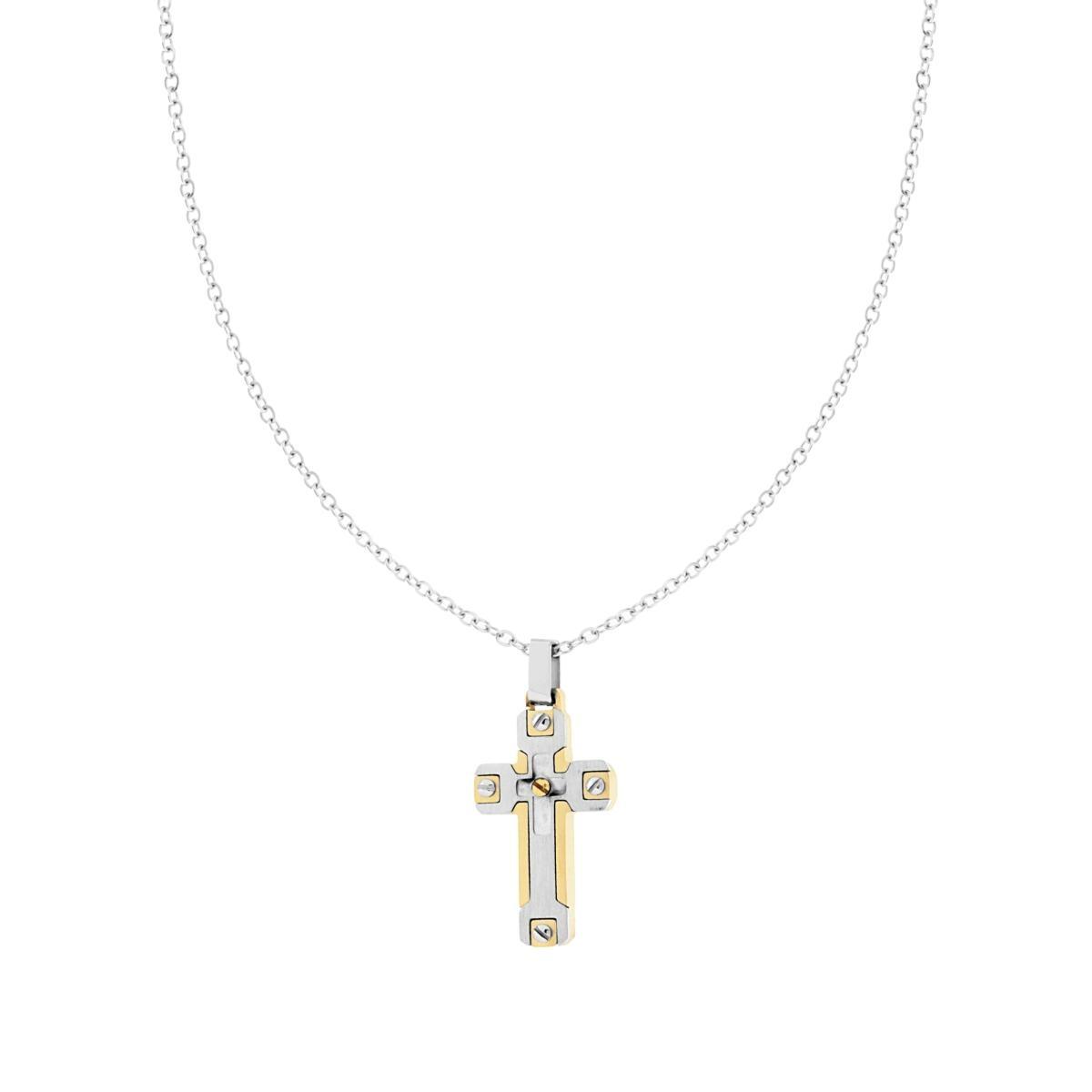 Collana Catena Forzatina Diamantata con Croce Oro in ACCIAIO